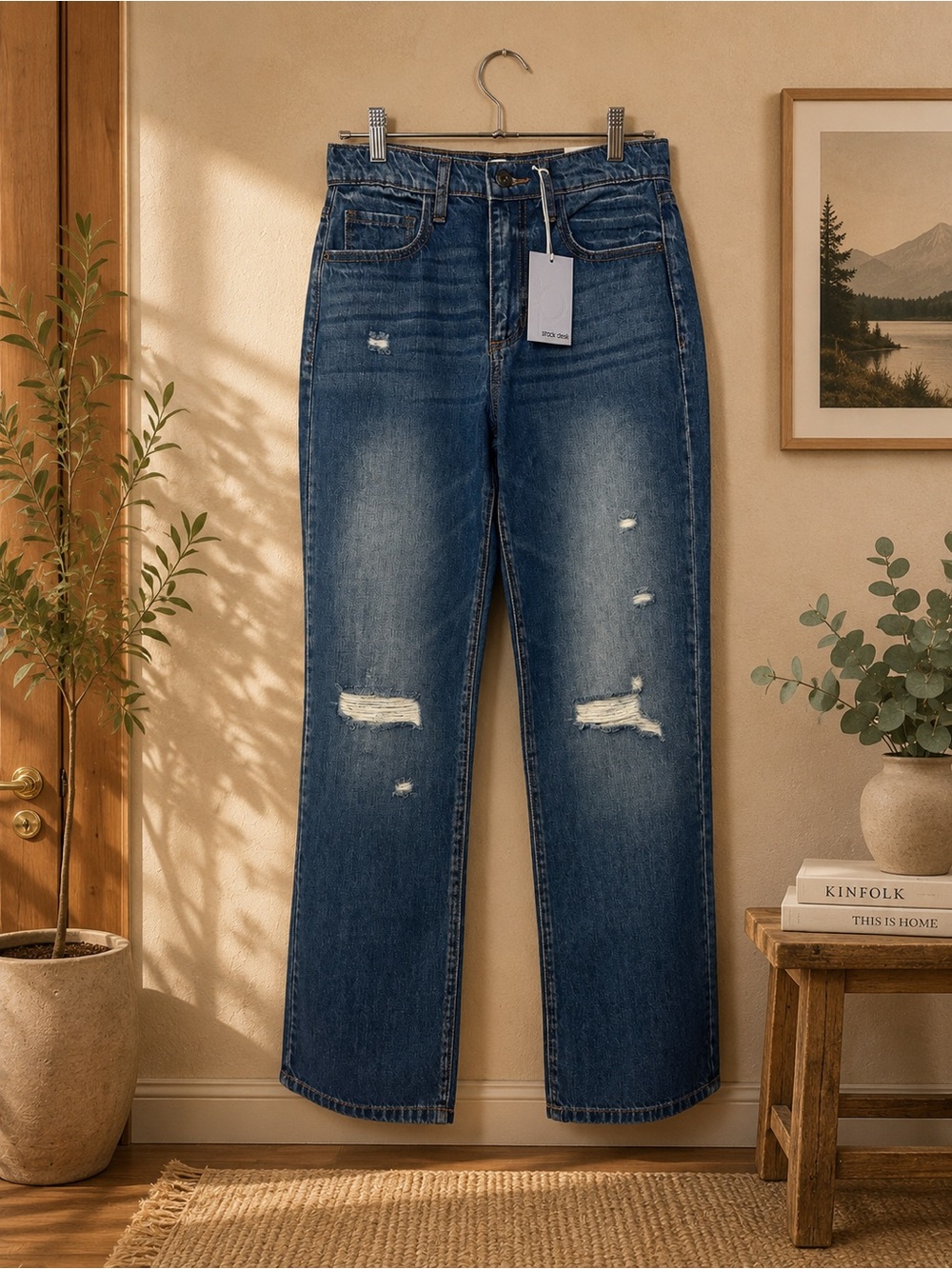 Sneak Peek Women's Distressed Straight-Leg Jeans — Dark Indigo Blue